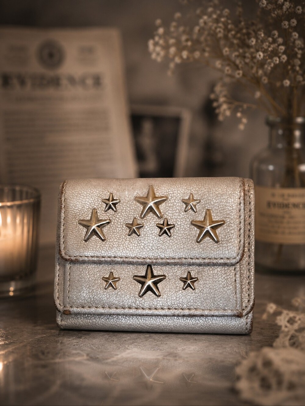 Jimmy Choo Metallic Gold Leather Star Stud Compact Trifold Wallet